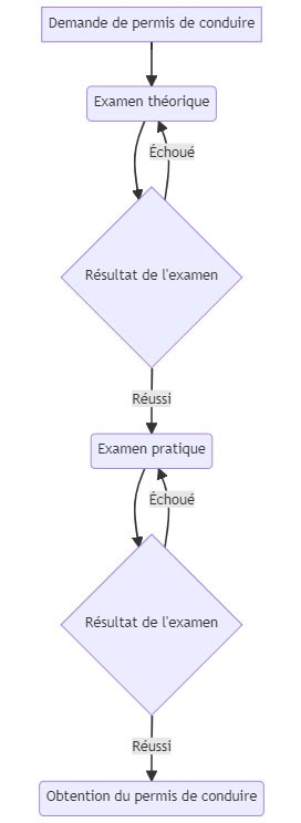 diagramme de mermaid sur les étapes du permis de conduire